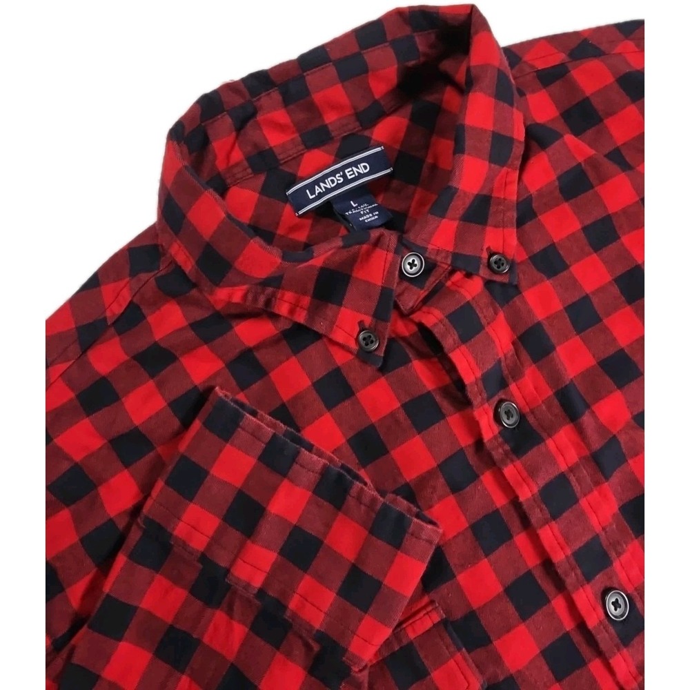Lands' End Traditional Fit Buffalo Plaid Flannel Shirt Mens L 16-16.5 Red Black